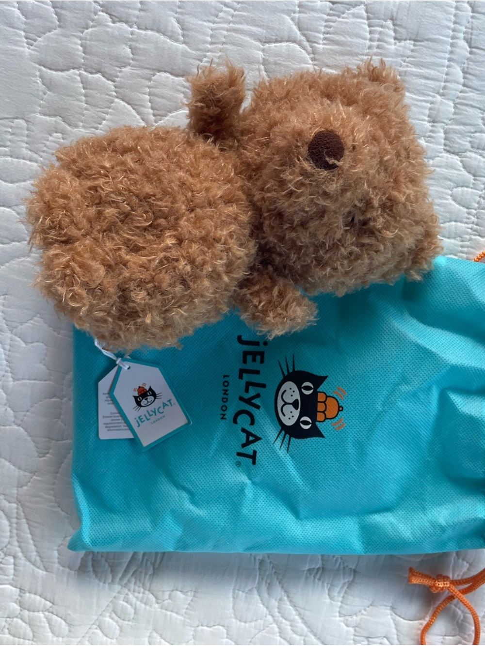 Jellycat Plush Brown Curly Bear on Blue Drawstring Bag - Picture 16 of 16